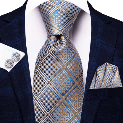 Hi-Tie Designer Silk Wedding Tie For Men Blue White Plaid Handky Cufflink Set Fashion Necktie For Men Business Party Wholesale