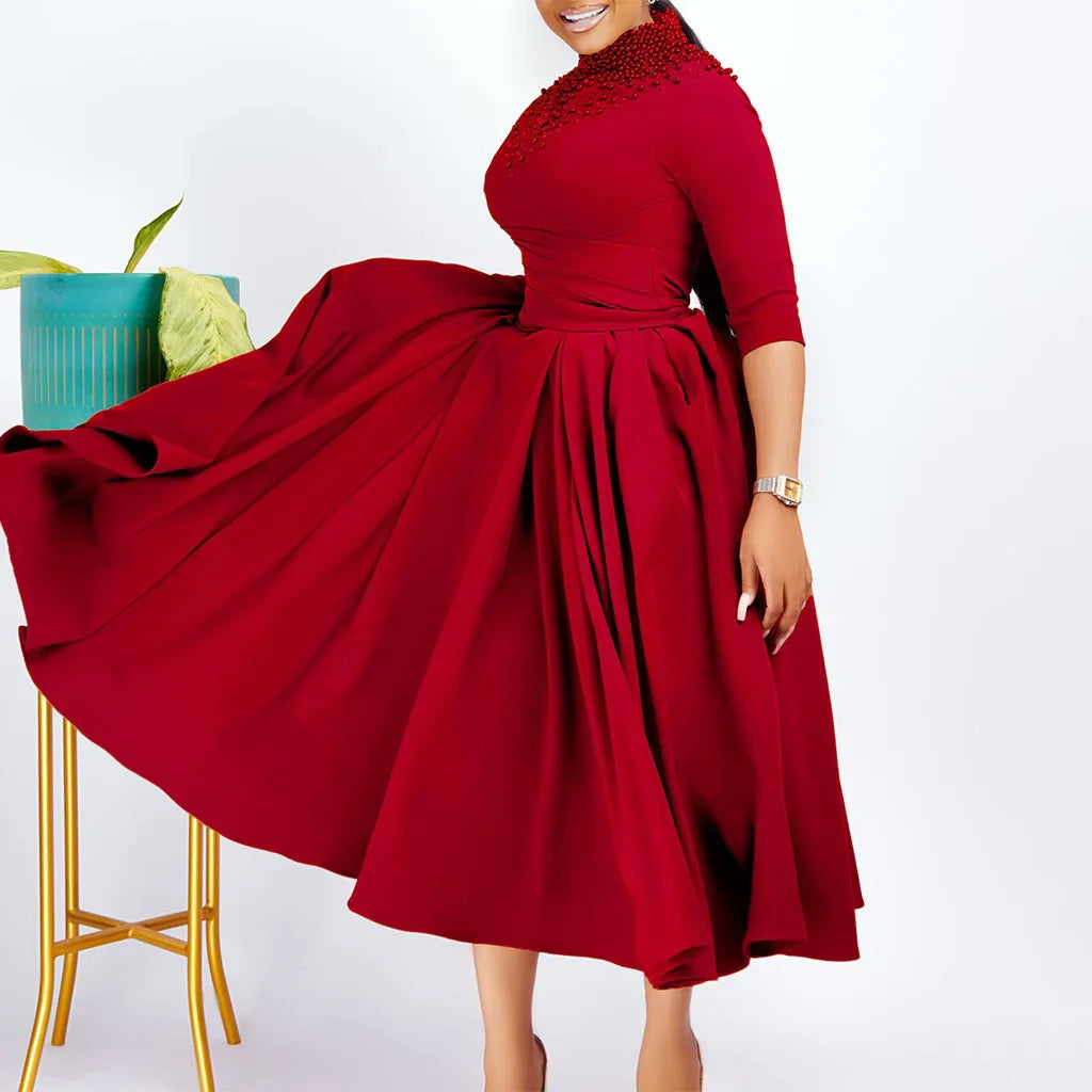 Dress Women Elegant Luxury Party Beaded Sashes Pleated Mid Calf A Line Female Birthday Dinner Celebrate Vestidos Mujer Dress New