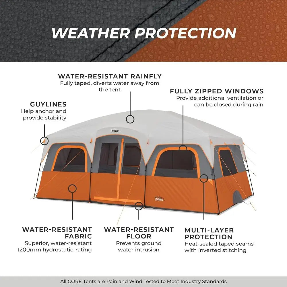 10-12 Person Multi-Room Cabin Tent – Family Camping Tent with Rainfly & Room Divider