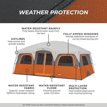 10-12 Person Multi-Room Cabin Tent – Family Camping Tent with Rainfly & Room Divider