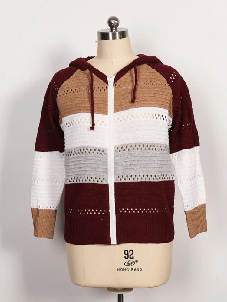 2024 Autumn and Winter New Casual Cardigan Women's Tops Plus Plus Zip Hoodie Colorblocking Lightweight Loose Top