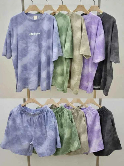 Women T-Shirt Shorts Suit Set Casual Tie Dye Loose t-shirt and wide leg middle shorts with pockets female Soft Summer Shorts Sets