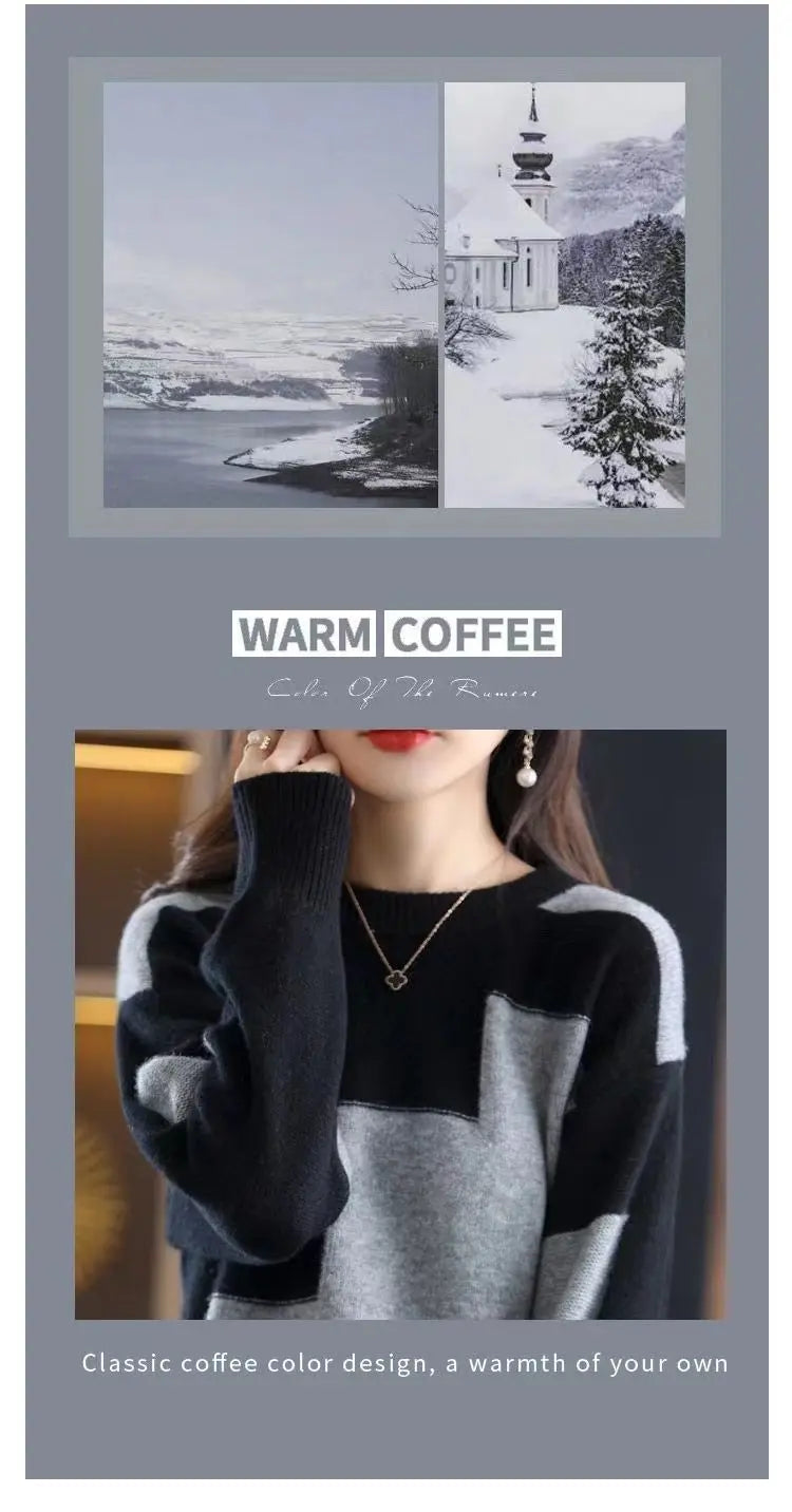 Autumn Winter Contrast Color Pullover Sweater Lady Loose Casual Fashion All-match Knitting Jumpers Ladies Oversized Bottomed Top