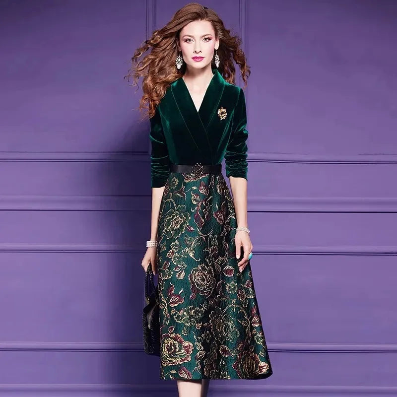 Spring Autumn Dress High End Women's Elegant Dresses Female Jacquard Gold Velvet Korean Slim Evening Party Female Maxi Vestidos