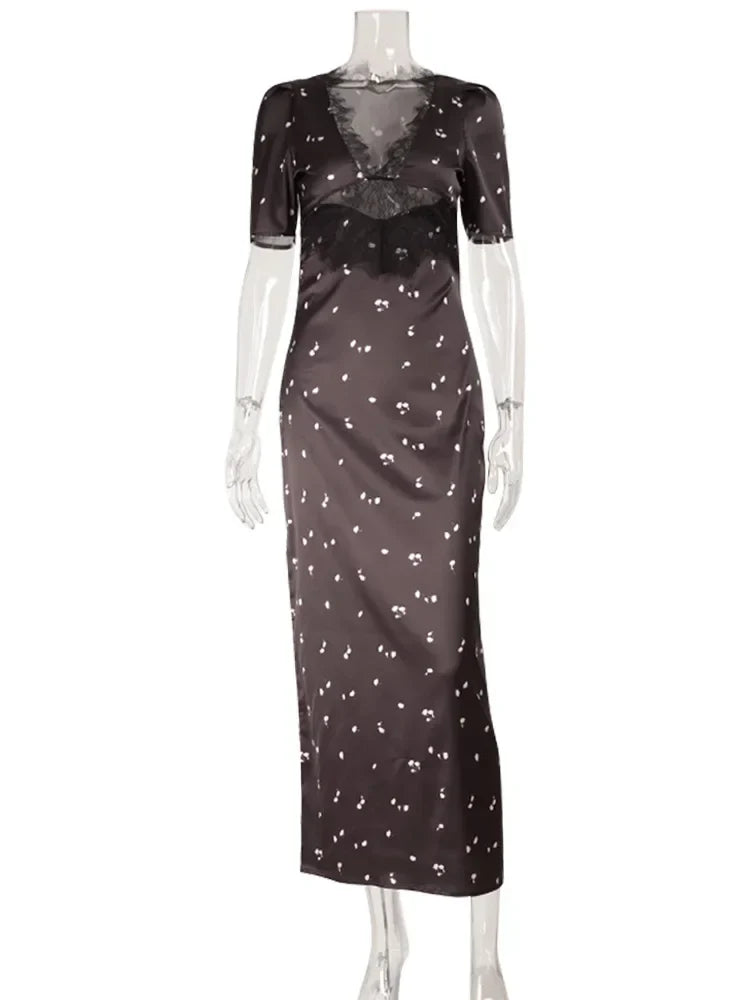 Eelgant Dresses For Women Patchwork Lace Floral V-Neck Short Sleeves Slim Fit Bodycon Trend Sheath Femlae Vestidos Robes
