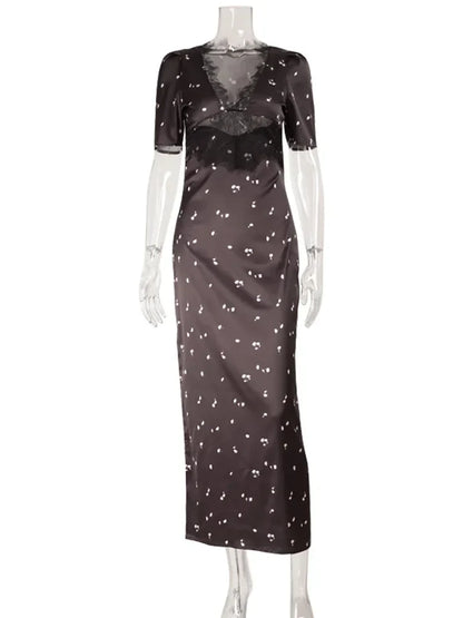 Eelgant Dresses For Women Patchwork Lace Floral V-Neck Short Sleeves Slim Fit Bodycon Trend Sheath Femlae Vestidos Robes