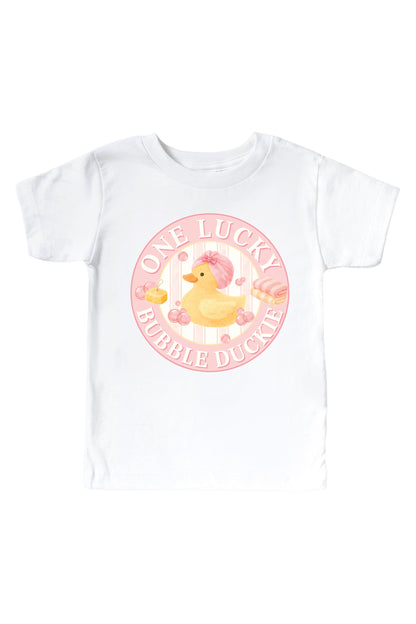 One Lucky Duckie Pink Graphic Bodysuit & Kids Tee | White