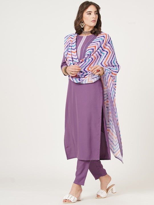 Black And Red Straight Kurta with Trousers & With Dupatta