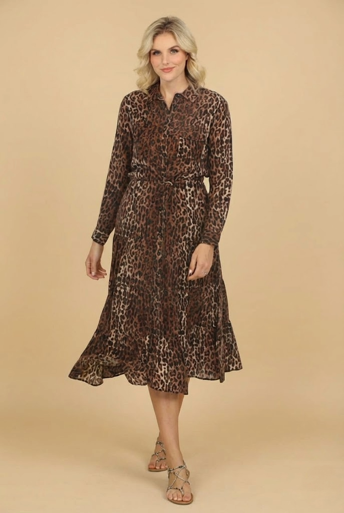 Johnny Was Workshop Leopard Western Tiered Silk Midi Dress Boho Chic W37624
