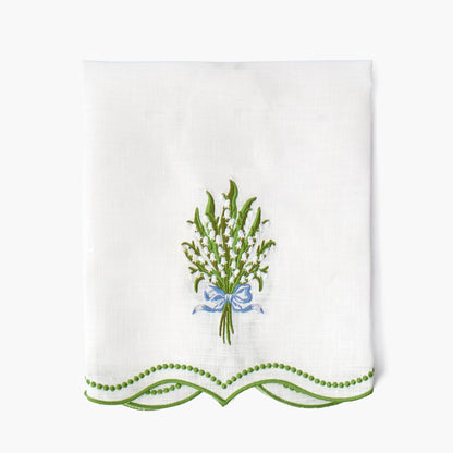 White Lily of the Valley Embroidered Linen Hand Towel