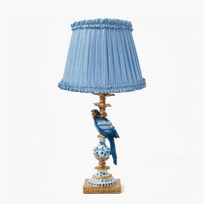 Blue Parrot Lamp with Soft Blue Frilled Silk Shade (30cm)