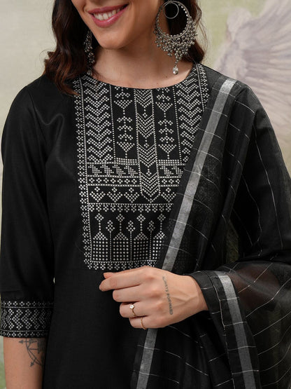 Black Printed Regular Kurta with Trouser & Dupatta