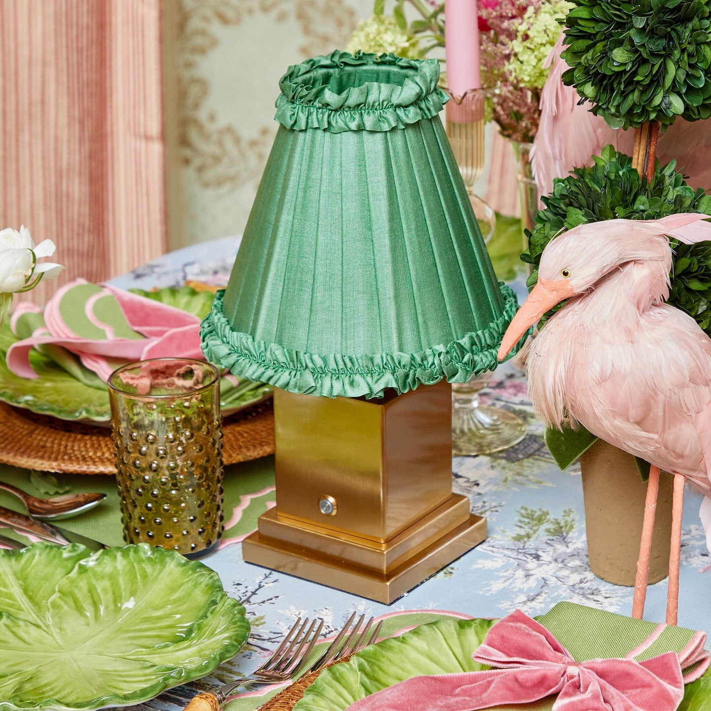 Square Rechargeable Lamp with Green Frilled Shade (18cm)