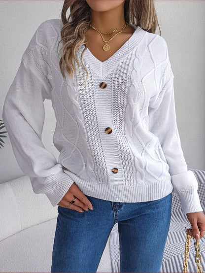 Women's V-Neck Cable-Knit Puff-Sleeve Pullover Sweater – 5 Colors