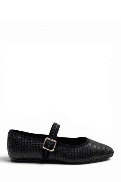 Eleni Mary Jane Raffia Flats - Black