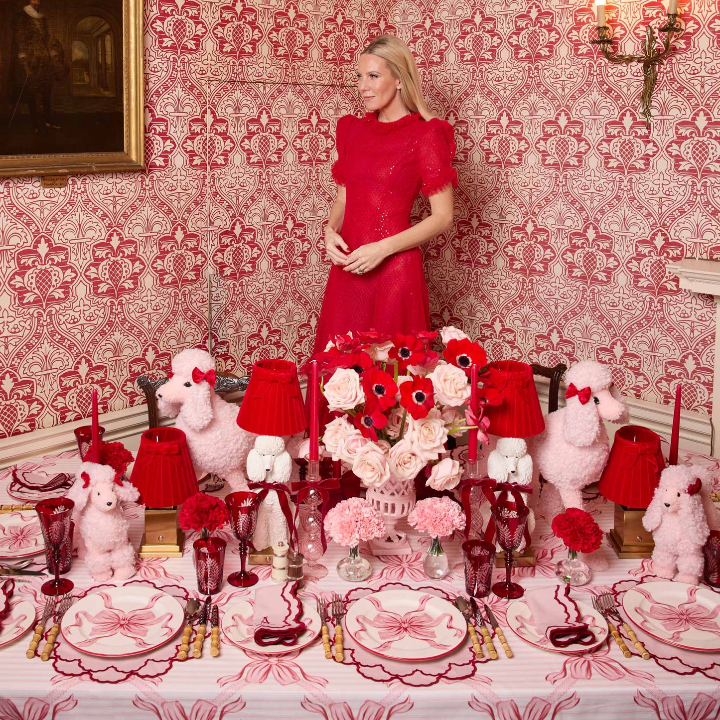 Red Ribboned Fifi Poodle Rechargeable Lamp with Red Velvet Bow Shade (18cm)