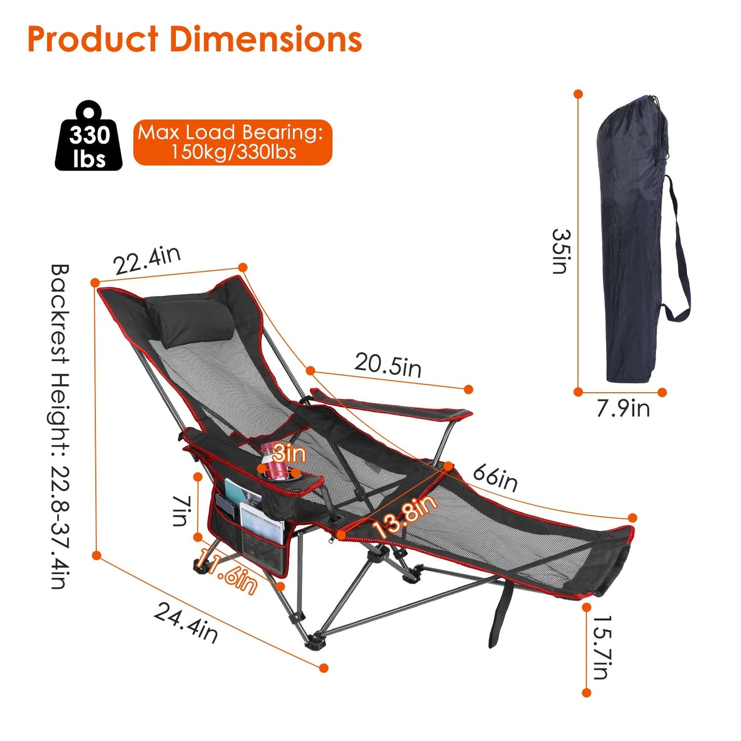 Reclining Foldable Camping Chair – 330 lb Heavy-Duty Steel with Cup Holder, Side Pocket & Carry Bag
