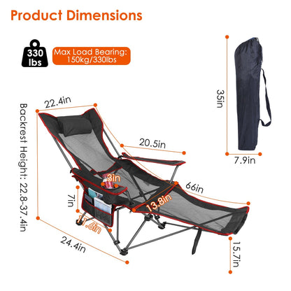 Reclining Foldable Camping Chair – 330 lb Heavy-Duty Steel with Cup Holder, Side Pocket & Carry Bag