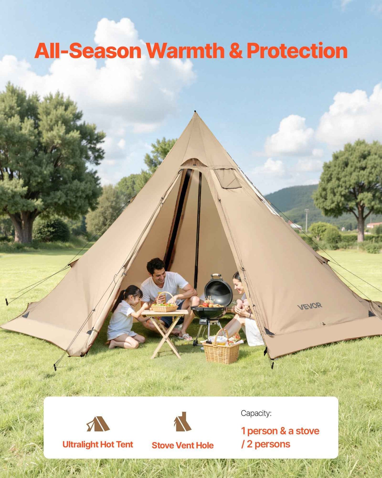 4-6 Person Hot Tent with Stove Jack | 4-Season Waterproof Tipi Camping Tent