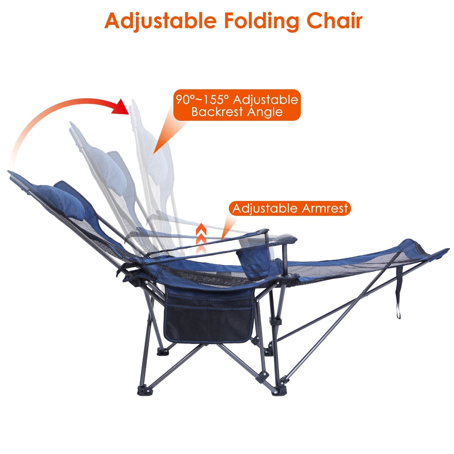 Reclining Foldable Camping Chair – 330 lb Heavy-Duty Steel with Cup Holder, Side Pocket & Carry Bag