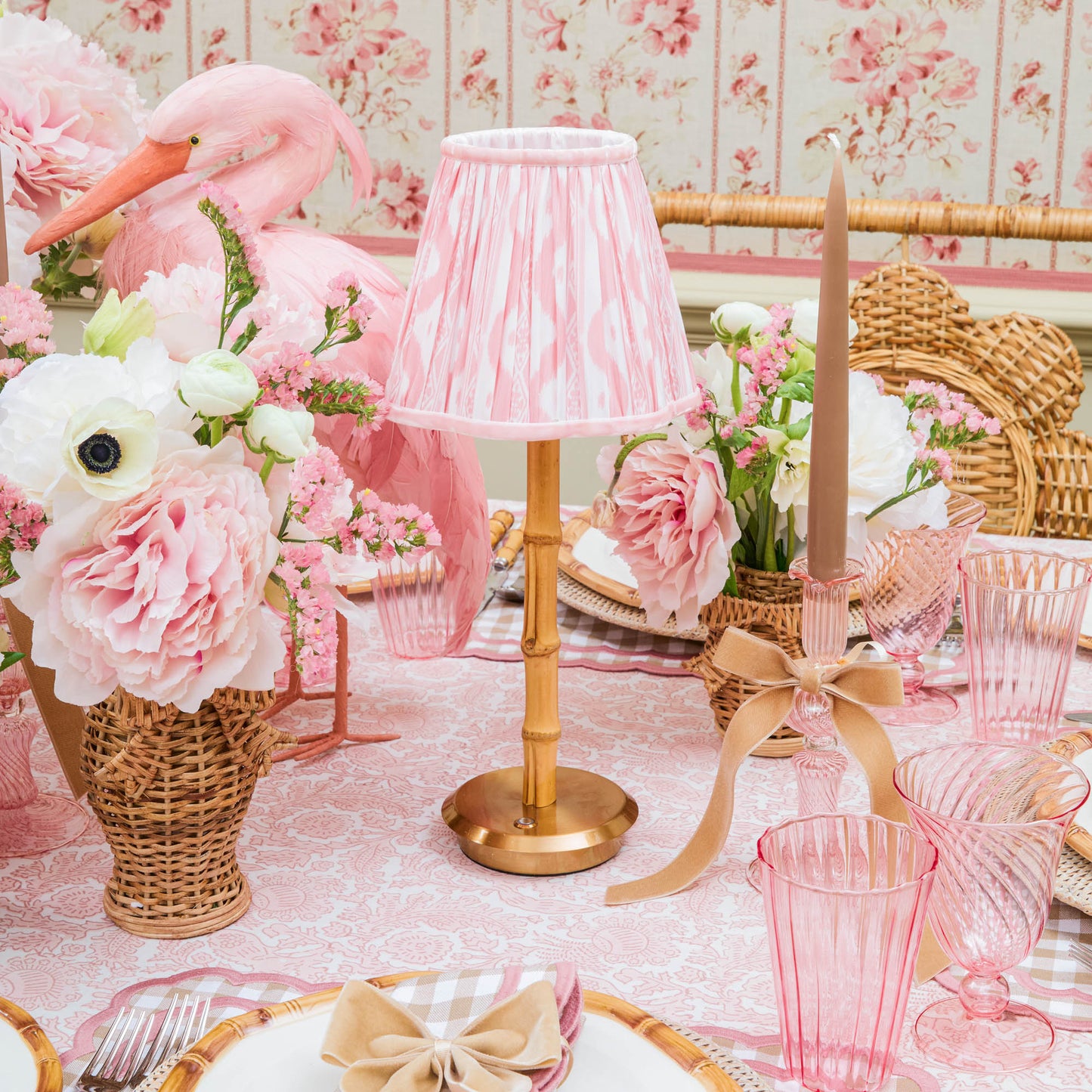 Bamboo Rechargeable Lamp with Pink Ikat Shade (18cm)