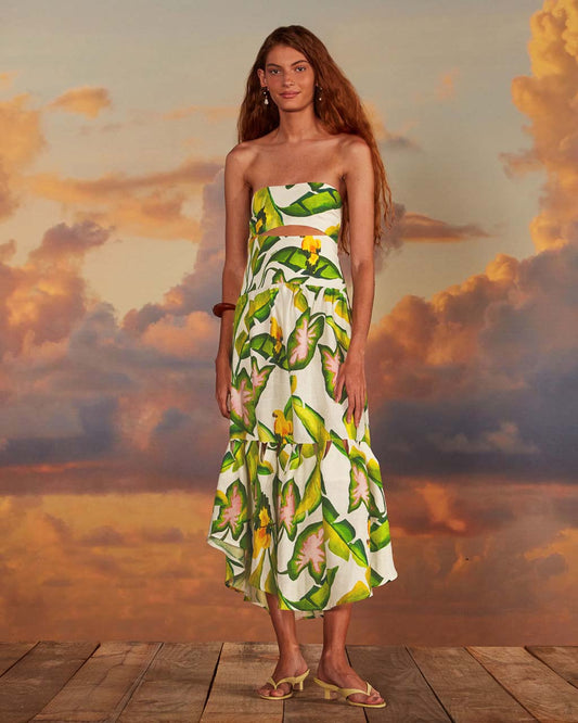Off-White Summer Foliage Strapless Midi Dress
