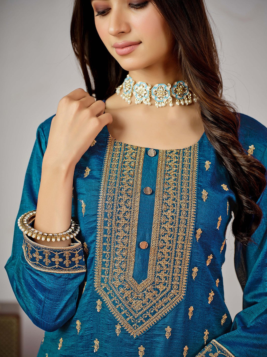 Blue Ethnic Motifs Embroidered Kurta with Churidar & Dupatta