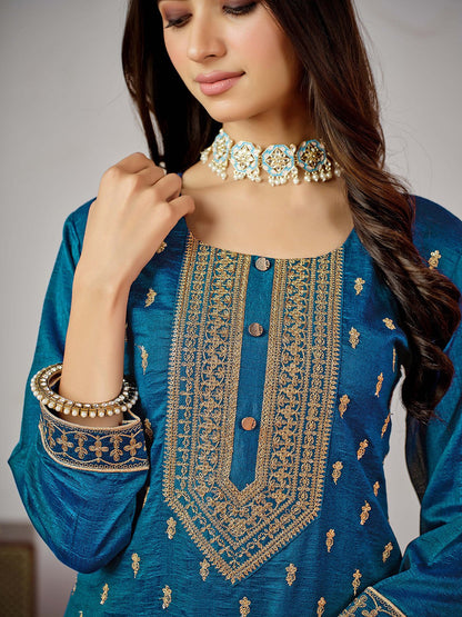Blue Ethnic Motifs Embroidered Kurta with Churidar & Dupatta