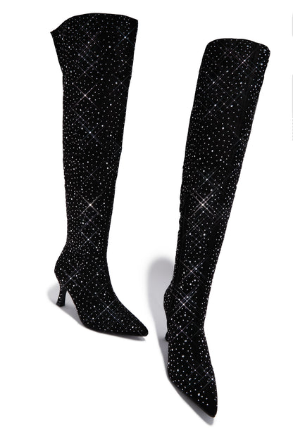 Shine Bright Embellished Over The Knee Heel Boots - Black