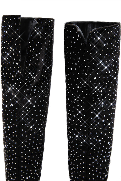 Shine Bright Embellished Over The Knee Heel Boots - Black