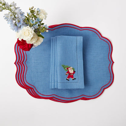 Blue & Red Hand Embroidered Father Christmas Napkins (Set of 4)