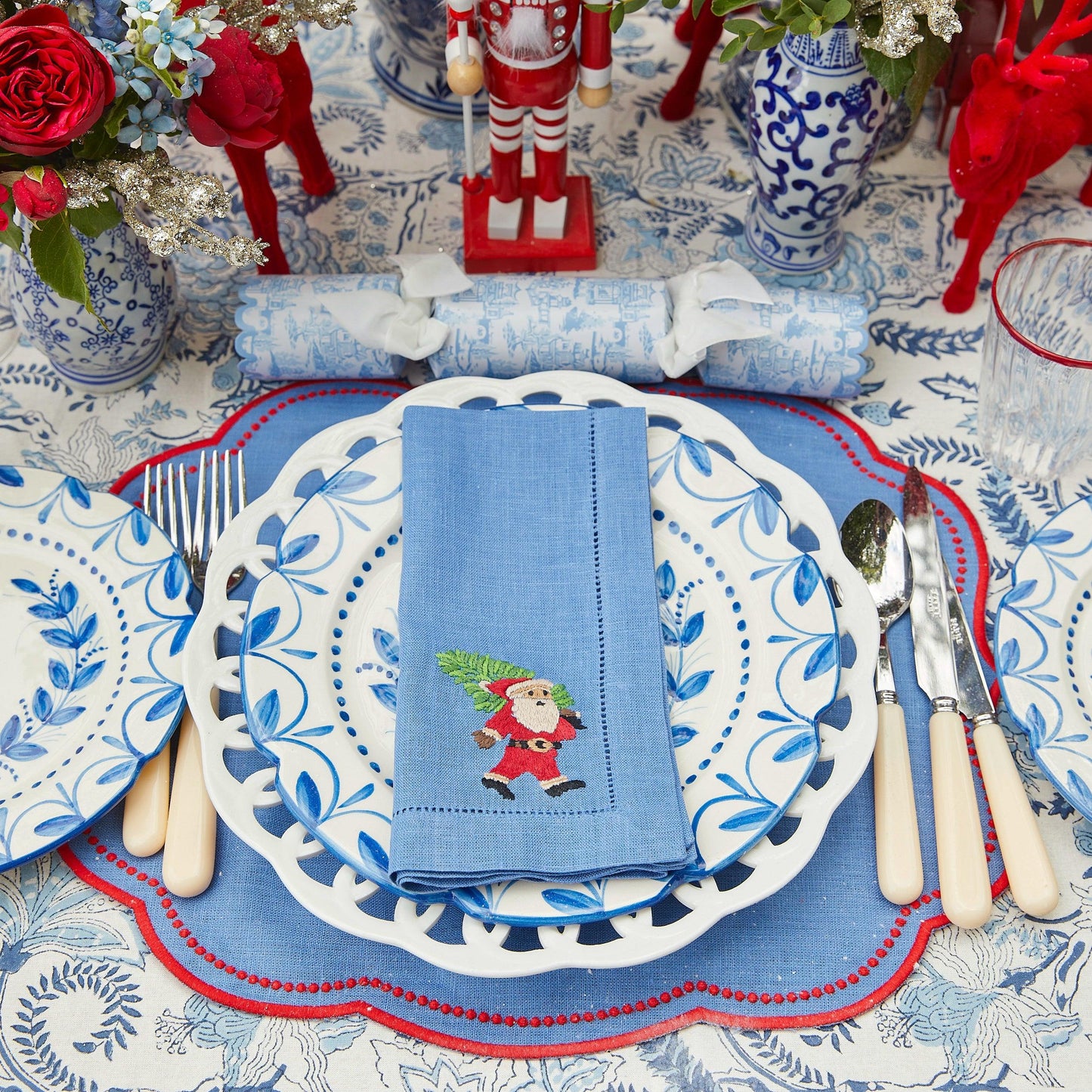 Blue & Red Hand Embroidered Father Christmas Napkins (Set of 4)