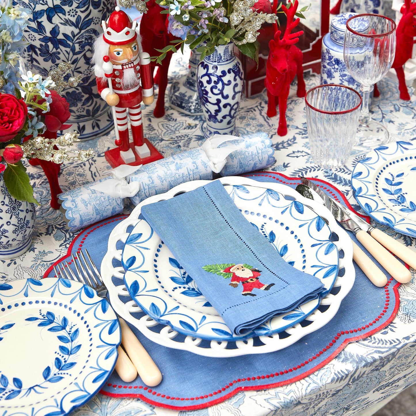 Blue & Red Hand Embroidered Father Christmas Napkins (Set of 4)