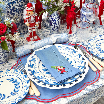 Blue & Red Hand Embroidered Father Christmas Napkins (Set of 4)