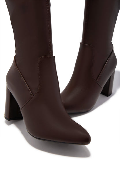 Adeline Chunky Heel Over The Knee Boots - Brown