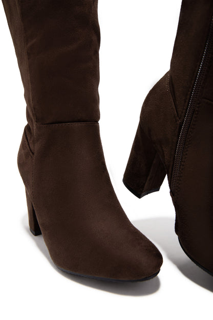 Colette Wide Fit Block Heel Boots - Brown Suede