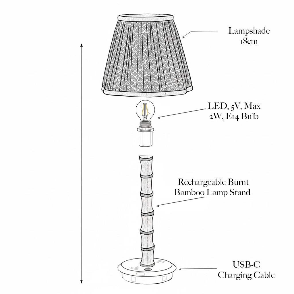 Burnt Bamboo Rechargeable Lamp with Tiger Print Shade (18cm)