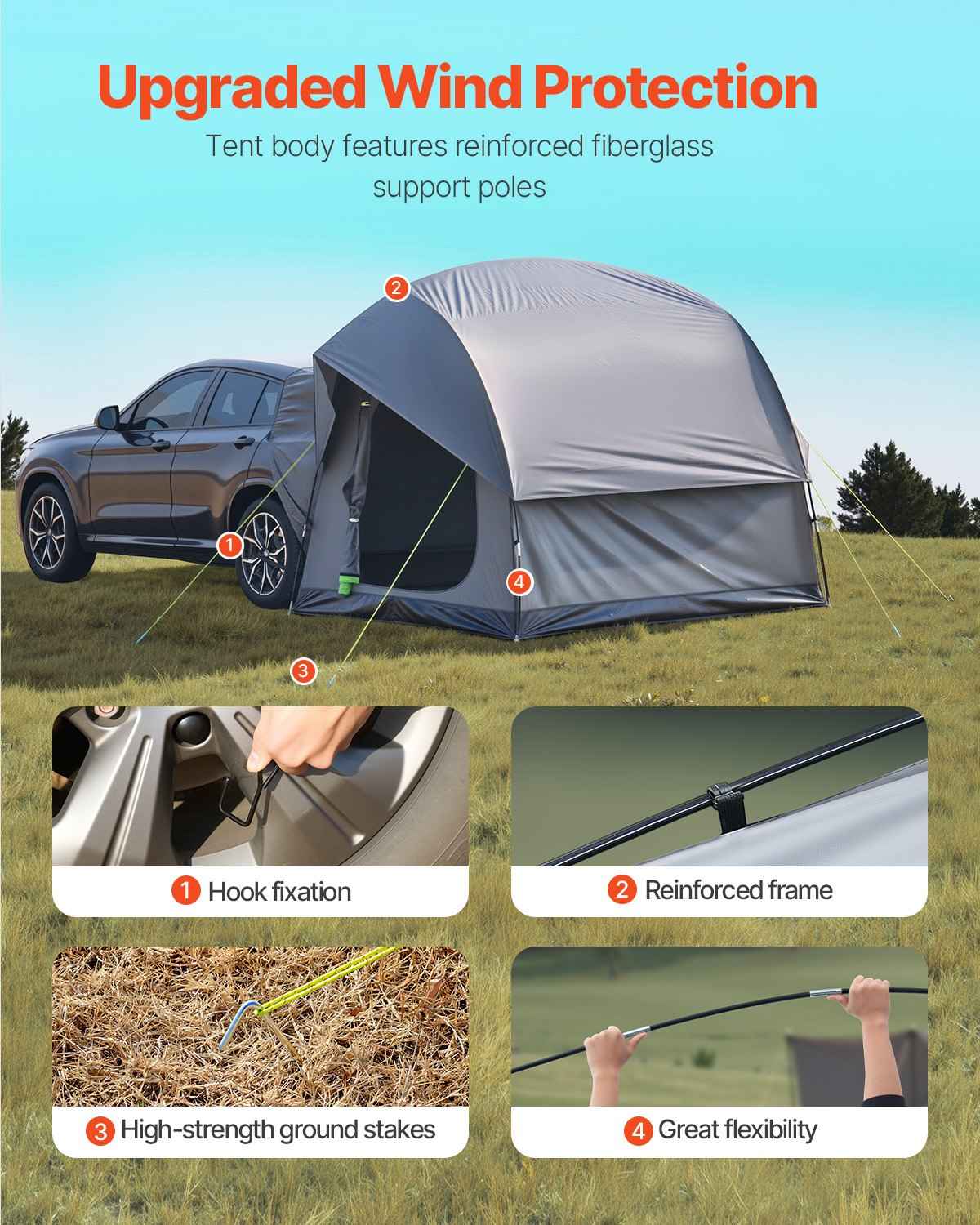 SUV Tailgate Camping Tent – 8×8 ft Waterproof PU2000mm Double-Layer Tent for 5–8 People with Rainfly
