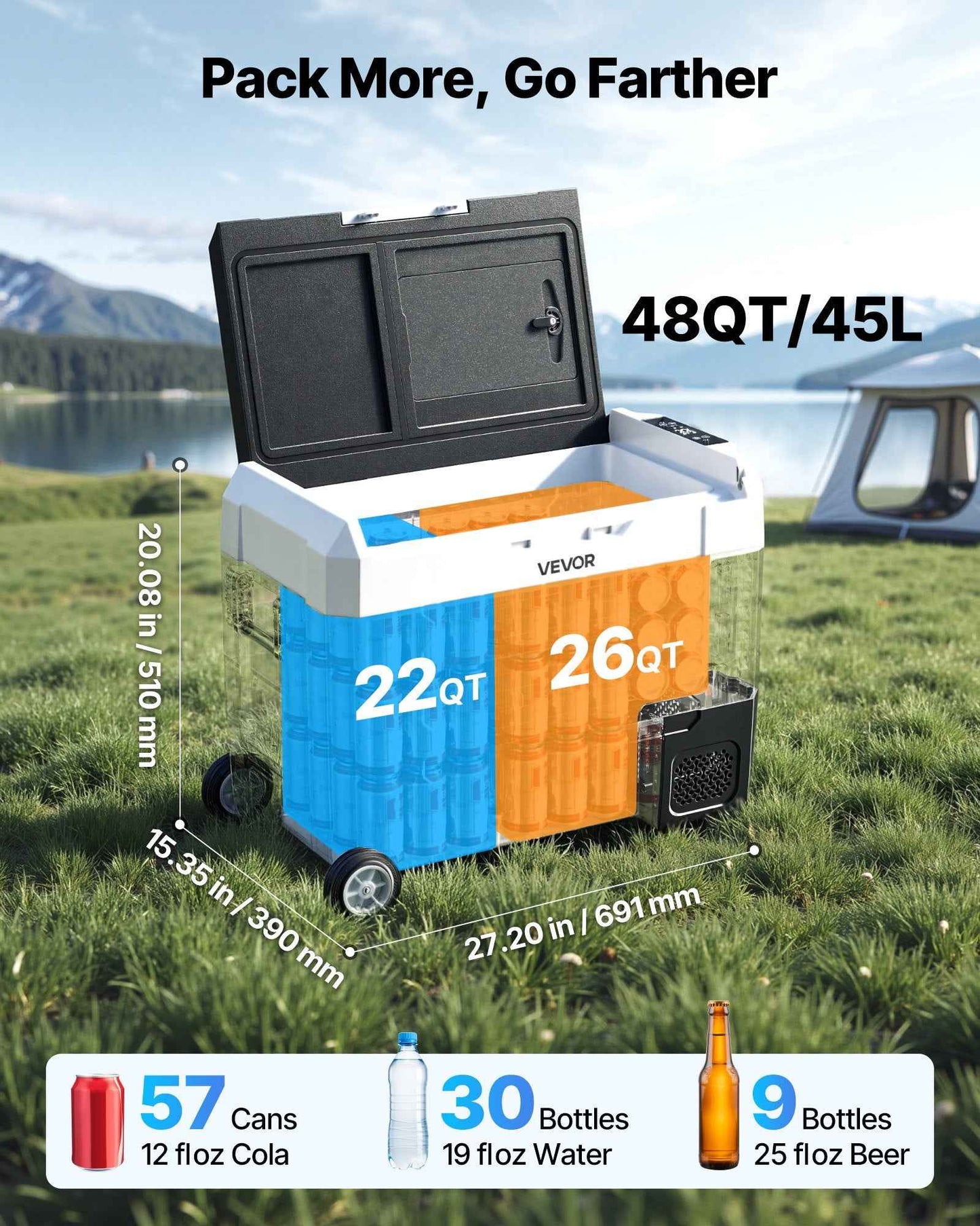 12V Portable Car Fridge Freezer 48QT | Dual Zone, Wheels & App Control