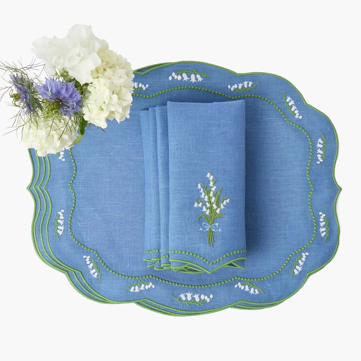 Blue Lily of the Valley Linen Placemats & Napkins (Set of 4)