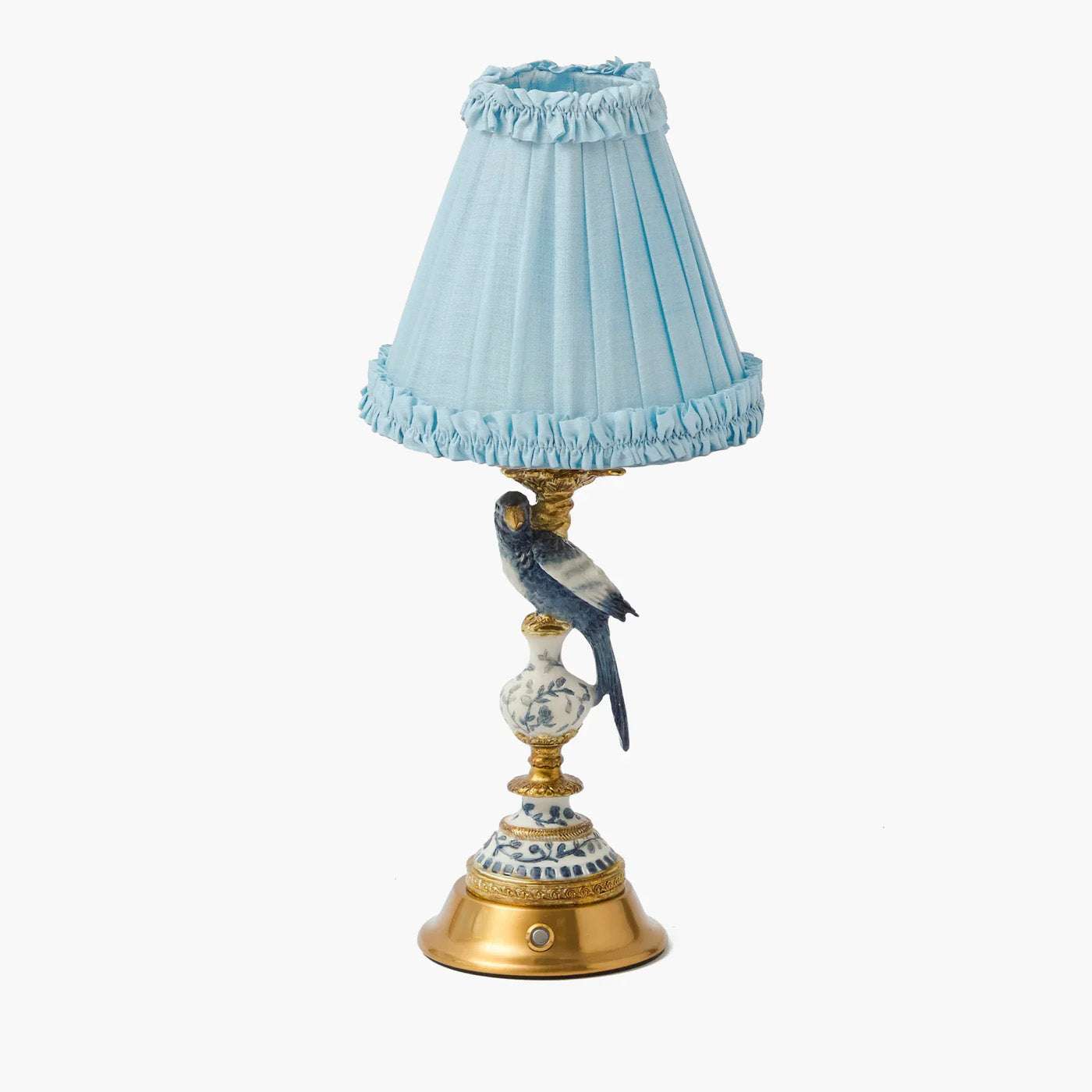Blue Parrot Rechargeable Lamp with Soft Blue Silk Frilled Shade (18cm)