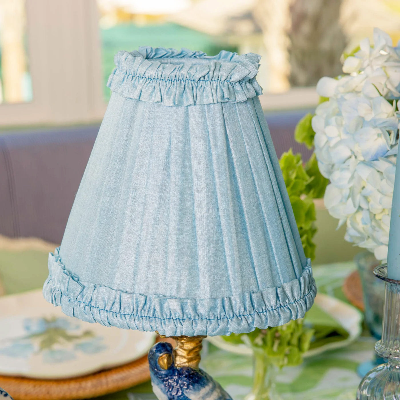 Blue Parrot Rechargeable Lamp with Soft Blue Silk Frilled Shade (18cm)