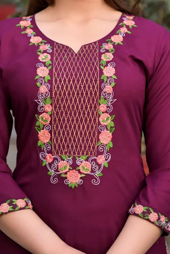 Blue A-line Viscose Rayon Embroidered Kurta set