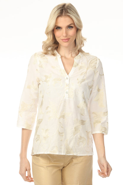 Charlie B Gold Embroidered Roll-Up Popover Blouse C4188T-222C