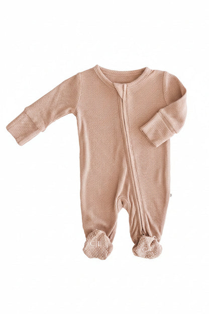 Embroidered Bamboo Waffle Zipper Footie | Cocoa