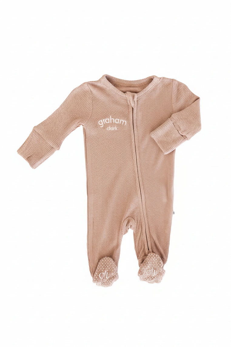 Embroidered Bamboo Waffle Zipper Footie | Cocoa