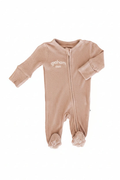Embroidered Bamboo Waffle Zipper Footie | Cocoa