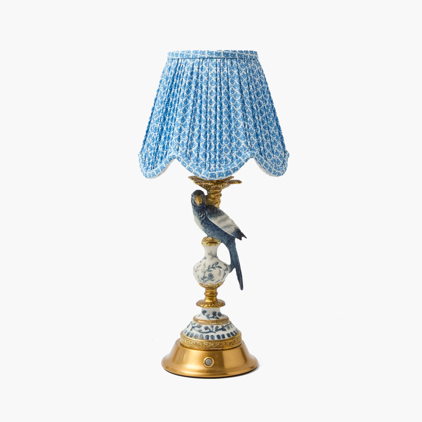 Blue Parrot Rechargeable Lamp with Blue Lotus Deep Scallopeed Shade (18cm)