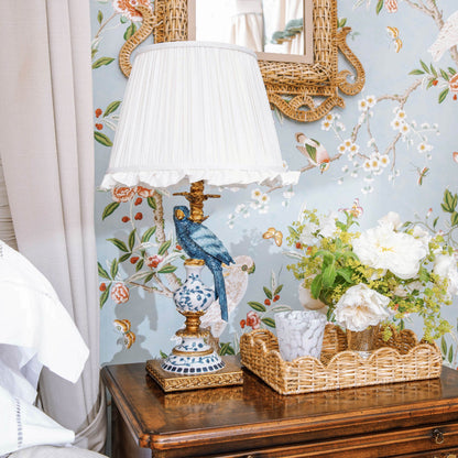 Blue Parrot Lamp with Cream Ruffle Shade (30cm)