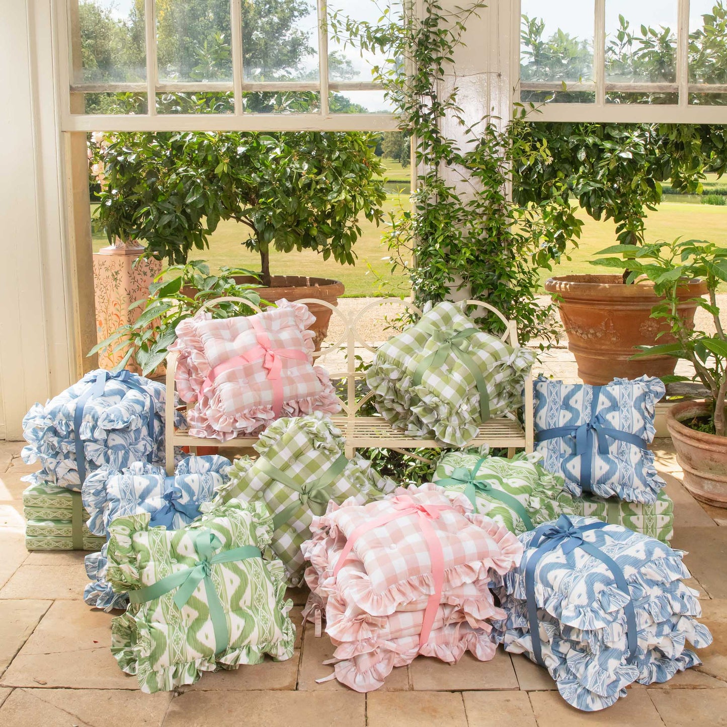 Frilled Blue Ikat Seat Pad Cushions (Set of 4)